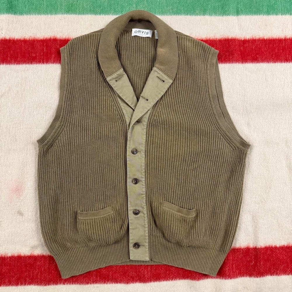 Orvis Vintage Ribbed Cotton Shawl Collar Sweater Vest Tan Mens XXL